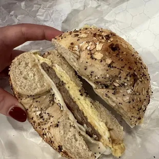 Egg, chicken sausage and cheese on everything bagel