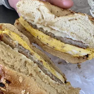 Sausage, Egg and Cheese Sandwich on everything bagel