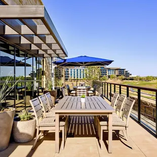 a patio overlooking a golf course