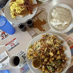 Bronco Scramble country potatoes with Biscuits &amp; Gravy. Pancakes with bacon and scrambled eggs and Biscuits &amp; Gravy