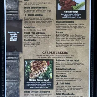 the menu for the appetizers, soups and salads