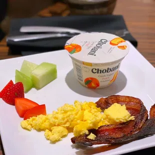 bacon, eggs, fruit, yogurt