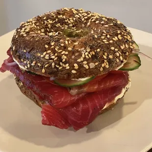 Beet-cured lox on an everything bagel