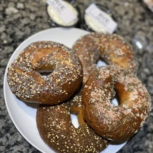 Everything bagels (left and top), Thyme + Sea Salt (right) and Za&apos;atar (bottom)