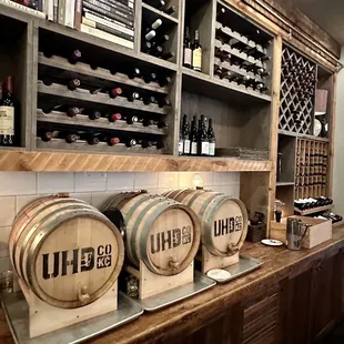 a wine cellar with wine barrels