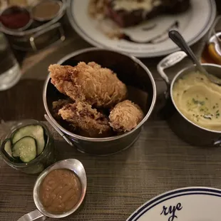 Fried chicken, mashed potatoes, steak