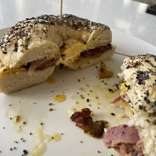 Pastrami, Swiss and Egg on an everything bagel.