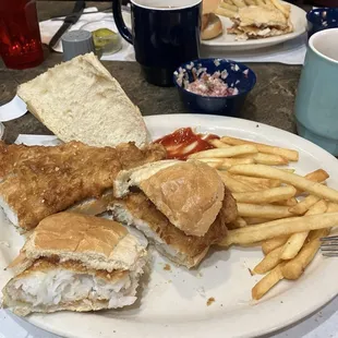 Rye's has the best-tasting fish sandwich; perfect bun &amp; really large cod serving.