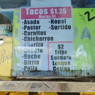 a menu for tacos