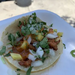 Taco al pastor w/ onion and pineapple. Mmmm!!!