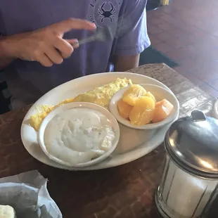 Ham &amp; Cheese Omelet, fruit, Biscuits &amp; Gravy