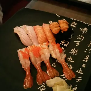 Fatty yellowtail, king salmon, hokkaido uni, amaebi