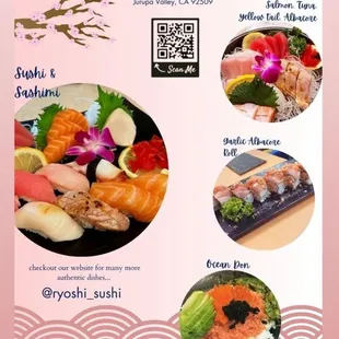 Sushi and Sashimi Combination, Garlic Albacore Roll, ocean don, sashimi combination medium