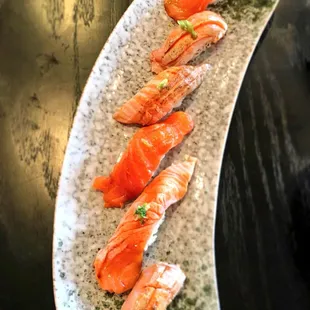 Super Salmon Tasting - 6 kinds of Salmon -Zuke Salmon Toro, King Salmon, Ocean Trout, Arctic Char, Salmon Toro, and Salmon