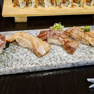 NEW! Toro Tasting - 5 kinds of Toro - Sake Toro, Zuke Bin Toro, Zuke Chu-Toro, Hamachi Toro and Toro Toro.