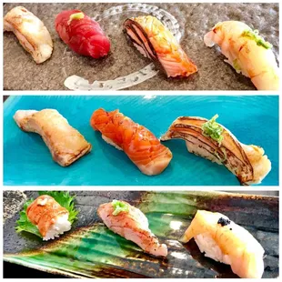 Omakase (Madai, Iwana, Bluefin Tuna, Kurodai, Managatsuo, Ocean Trout, Hamachi Toro, Muki Hotate, Zuke Chu-Toro, and Hokkaido Uni)
