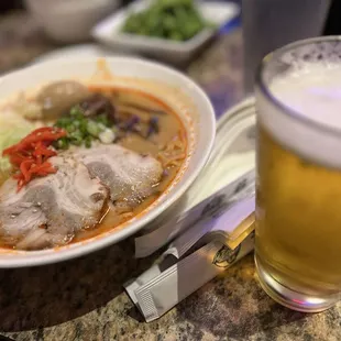 The "Red" Ramen with a pint of Sapporo.