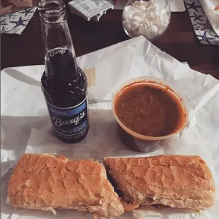 Shrimp Po'Boy, Gumbo, and a glass bottle of Barq's