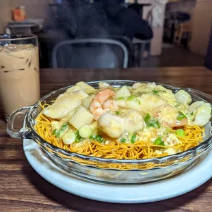 Seafood runny egg crispy noodles $17