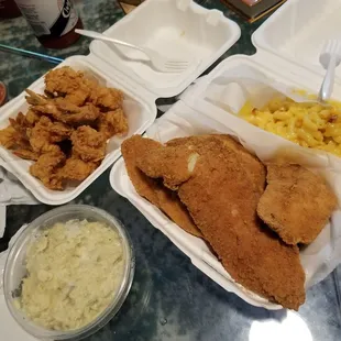 Whiting platter with macaroni and cheese &amp; potato salad. Half lb shrimp.