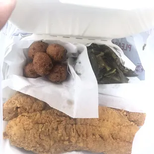(2) Whiting, (6) hush puppies, collard greens