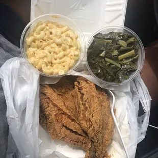 Croaker (whole fish 2 filets) with Mac &amp; Cheese and Greens