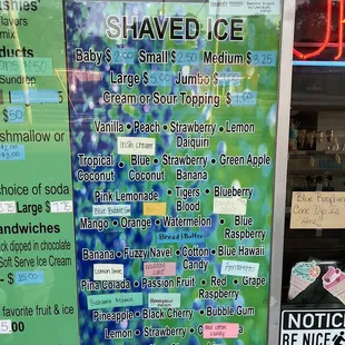 Shaved ice menu