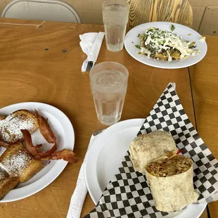 Toast and bacon, Chilaquiles with Carne Asada, Gran Burrito