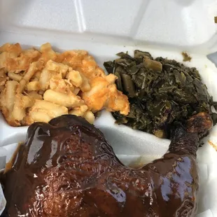 Leg quarter, Mac n cheese, collard greens