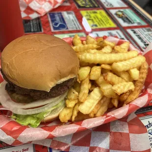 a hamburger and french fries