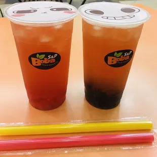 Strawberry Green Tea, no sugar, one with boba, one with strawberry jelly