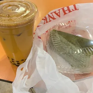 Thai milk tea and matcha crepe cake