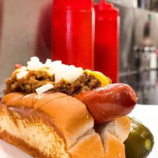 Plattsburgh hotdog with chili &amp; onions