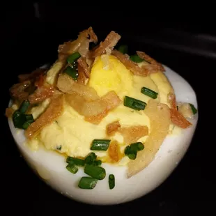 Deviled eggs: horseradish, tobasco, crispy shallots ($3)