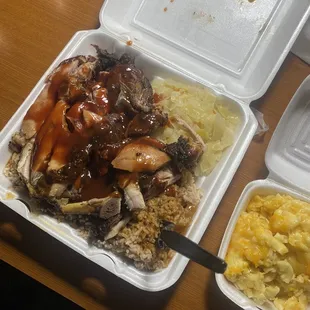 Large Jerk Chicken, rice and peas, cabbage and Mac and cheese