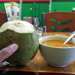 Chicken foot soup and coconut water