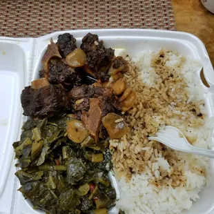 Oxtail with collards and white rice.