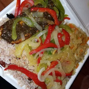 Jerk salmon with rice &amp; peas and cabbage