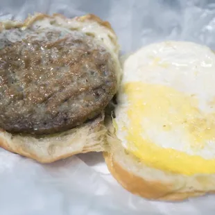 Sausage, fried egg, and cheese breakfast croissant