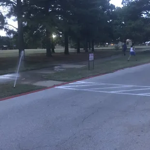 Runners dodging sprinklers again.