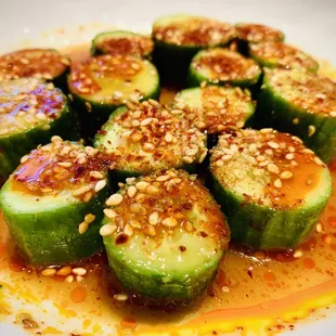 Marinated Cucumber Salad w/ Garlic Soy, chili oil &amp; sesame salt