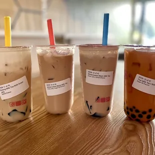 Oolong Tea w/salted cheese &amp; grass jelly, Wintermelon tea w/salted cheese, Thai tea with boba, Wintermelon tea with grass jelly. 5/13/22