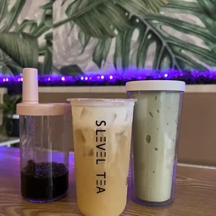 Salted Cream Green Tea (center) and avocado smoothie (right)