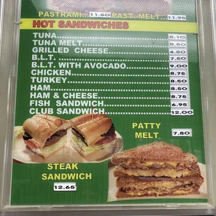 Menu sandwiches