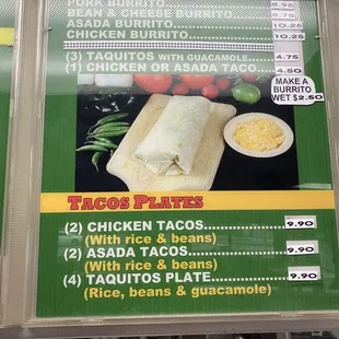 Menu Mexican dishes
