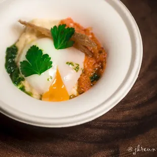 63 Degree Egg, Creamy Grits, Duck Chicharron, Kimchi Purée