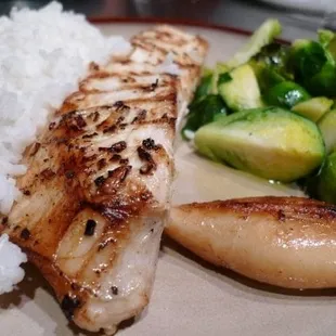 Coconut-Lemongrass Steamed White Rice, Grilled Ginger-Citrus Opah, Grilled Fresh Squid, Sauteed Brussels Sprouts w/Truffle Oil