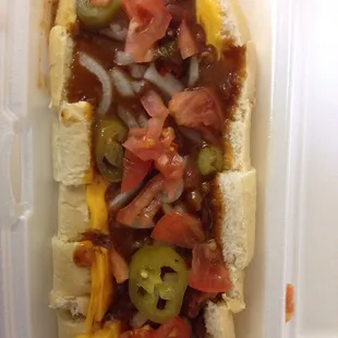 8" 1/4 pound loaded chili cheese dog