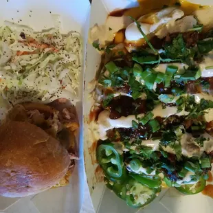 Pulled chicken slider and loaded brisket spud