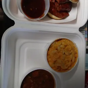 Green chile mac n cheese. Borracho beans. SA hot link slider with bbq sauce on side.